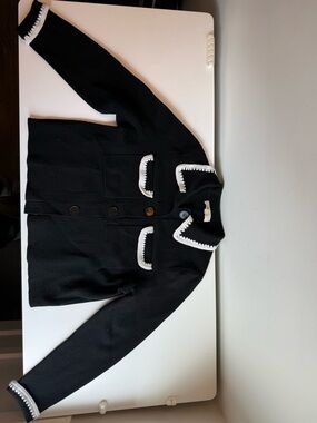 Sezane Betty Cardigan Black with Ecru Crochet Trim